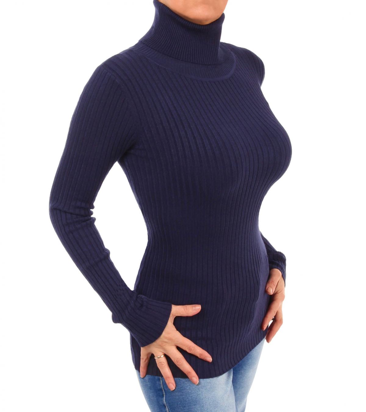Navy Blue Ribbed Polo Neck Clingy Jumper