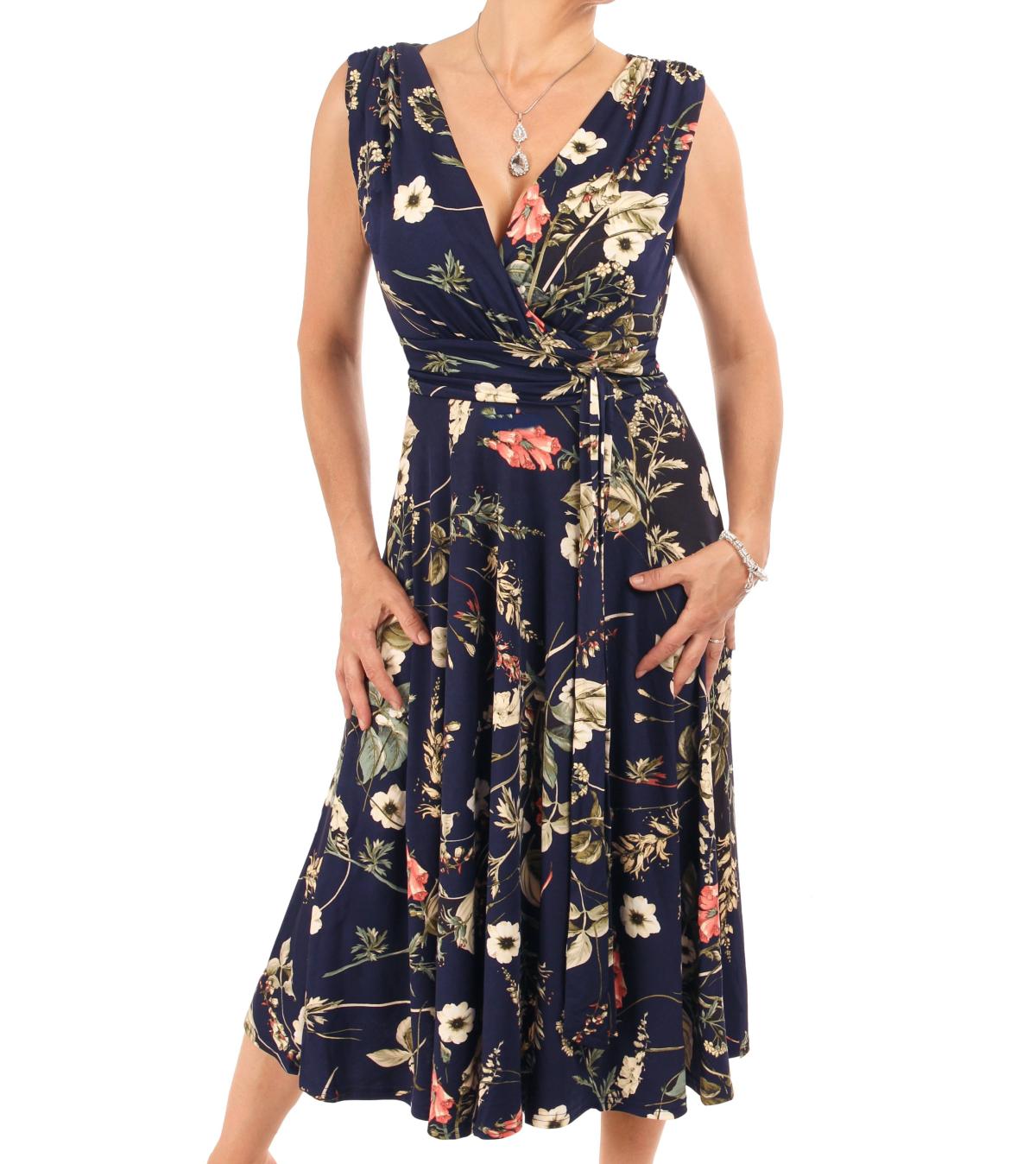 Navy Blue Floral V Neck Fit and Flare Dress