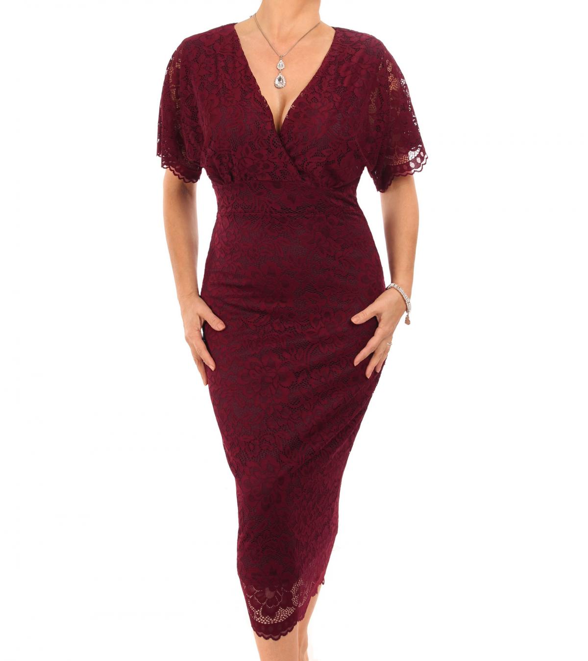 Wine Flutter Sleeve Lace Pencil Dress