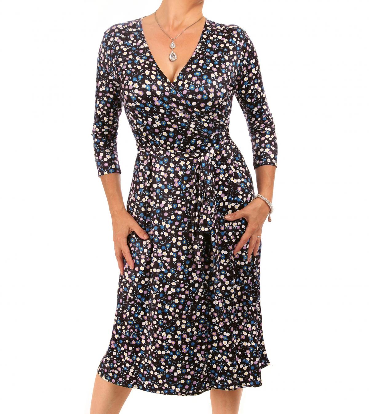 Black Ditsy Print Wrap Dress