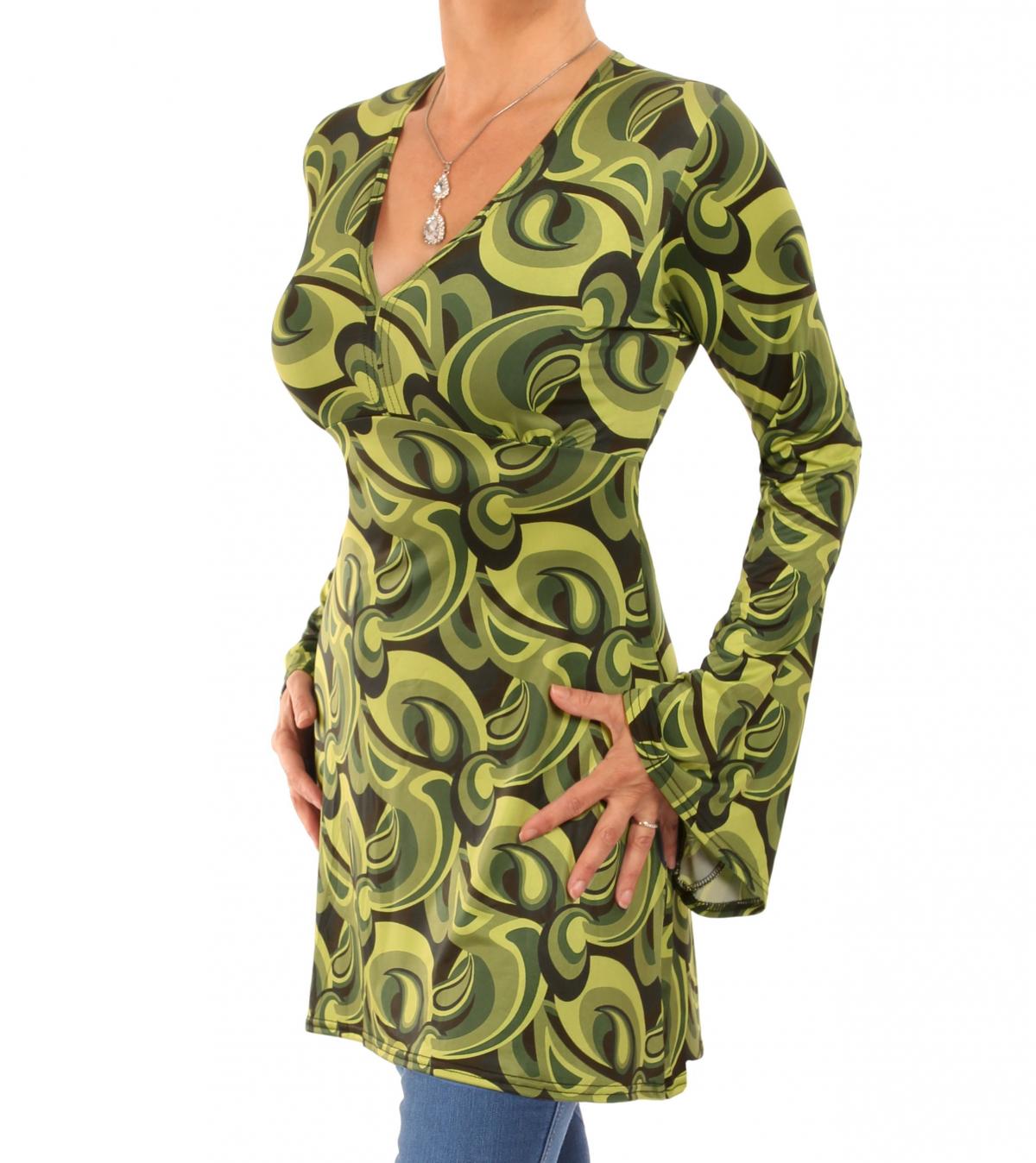 Green Retro Print Bell Sleeve Tunic Top