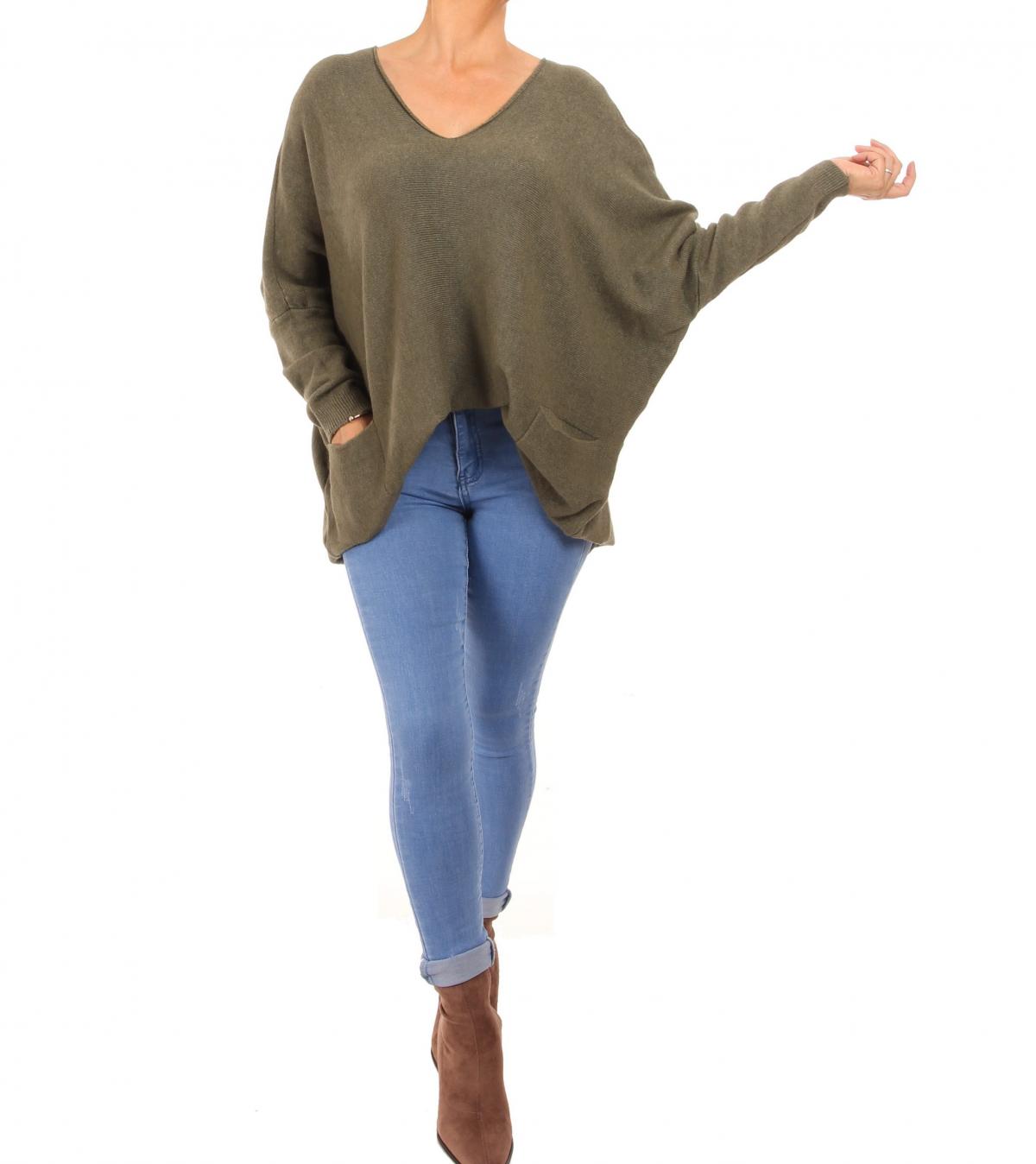 Khaki Oversized V Neck Jumper