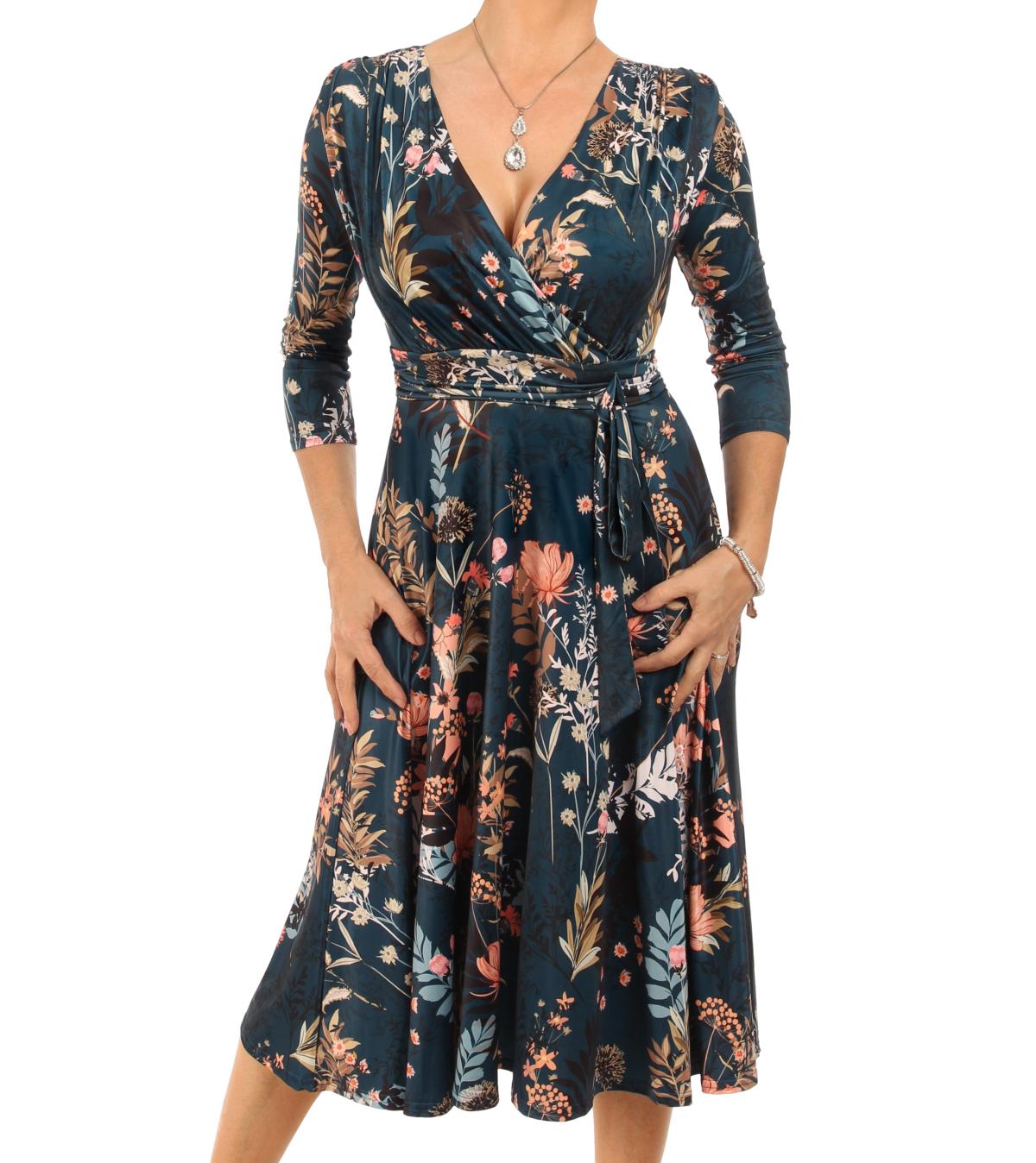 Dark Teal Floral Fit & Flare Tie Detail Dress