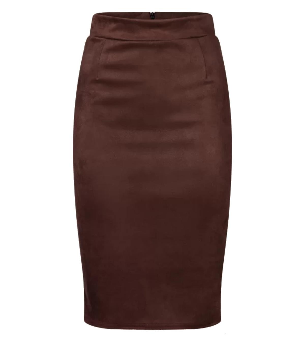 Chocolate Brown Faux Suede Pencil Skirt