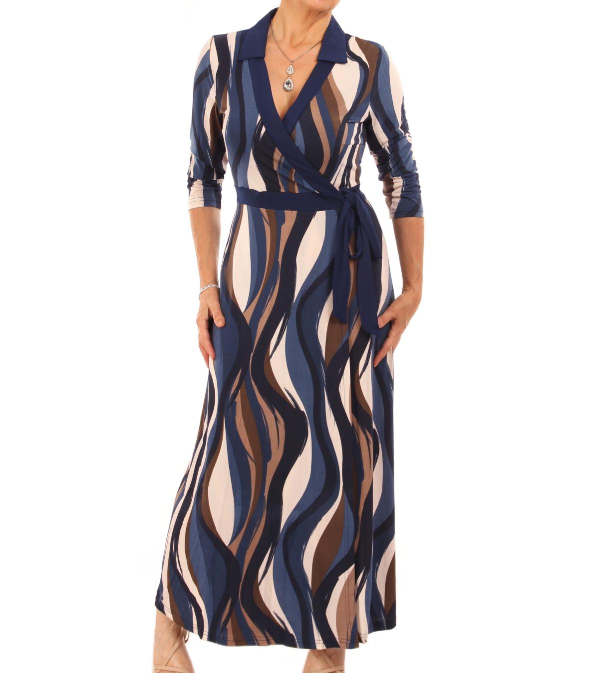 Navy Blue and Mocha Tie Waist Midi Dress