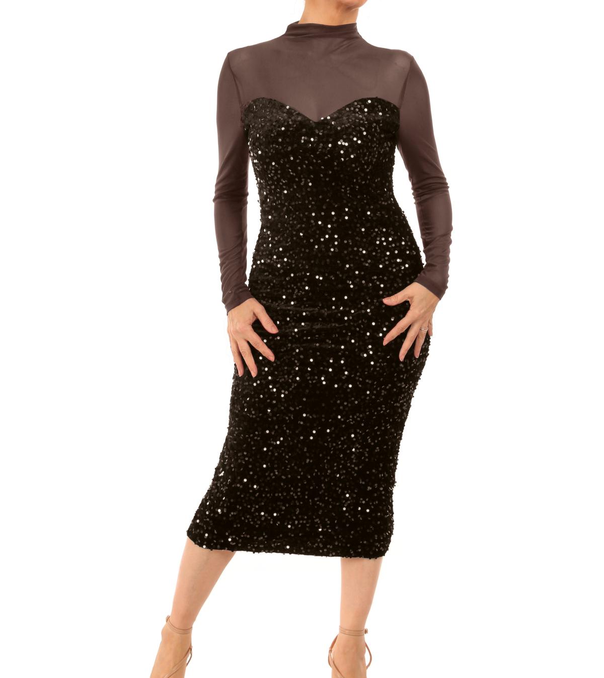 Black Velvet Sequin and Mesh Midi Dress
