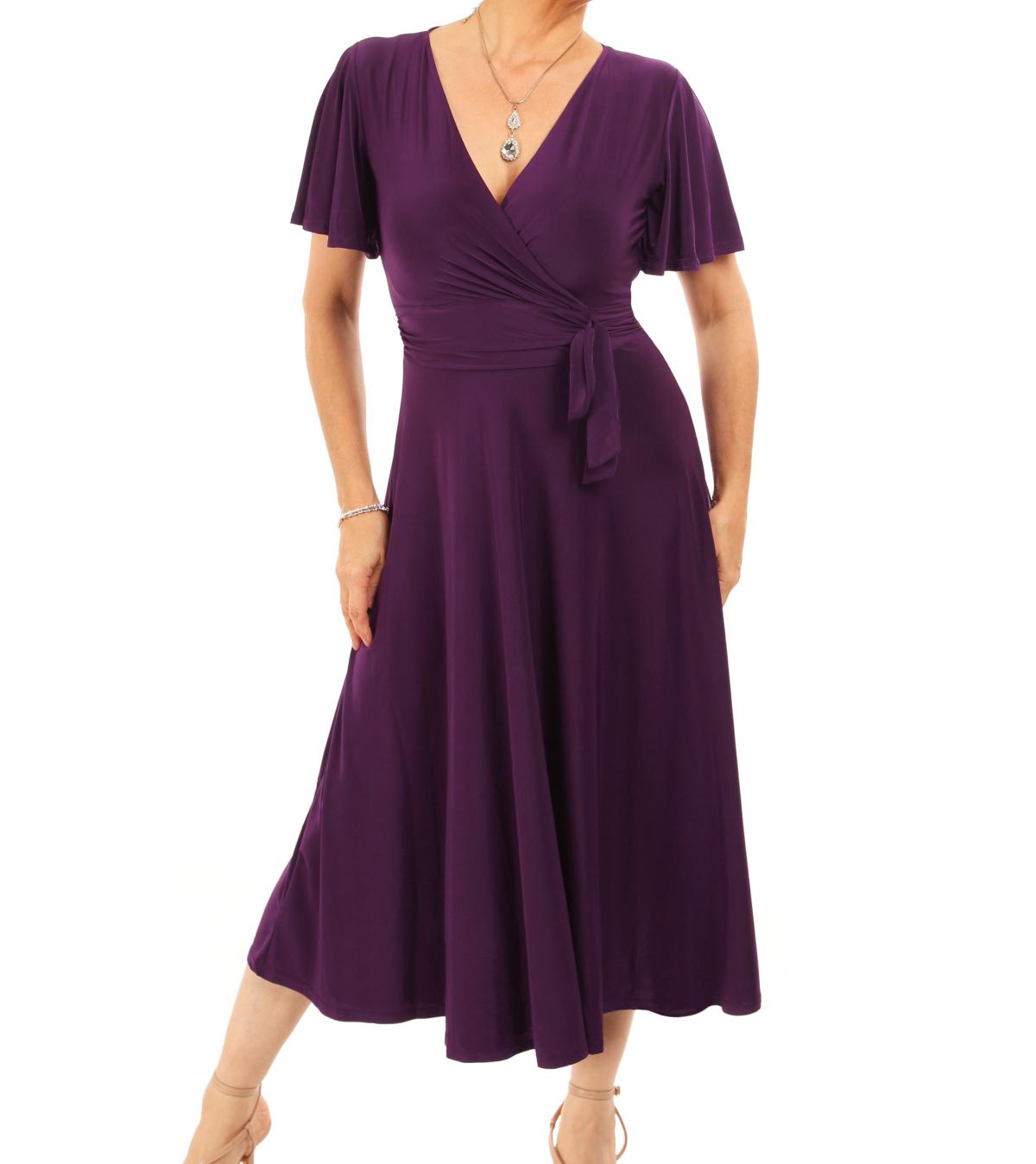Purple Fit and Flare Flutter Sleeve Dress
