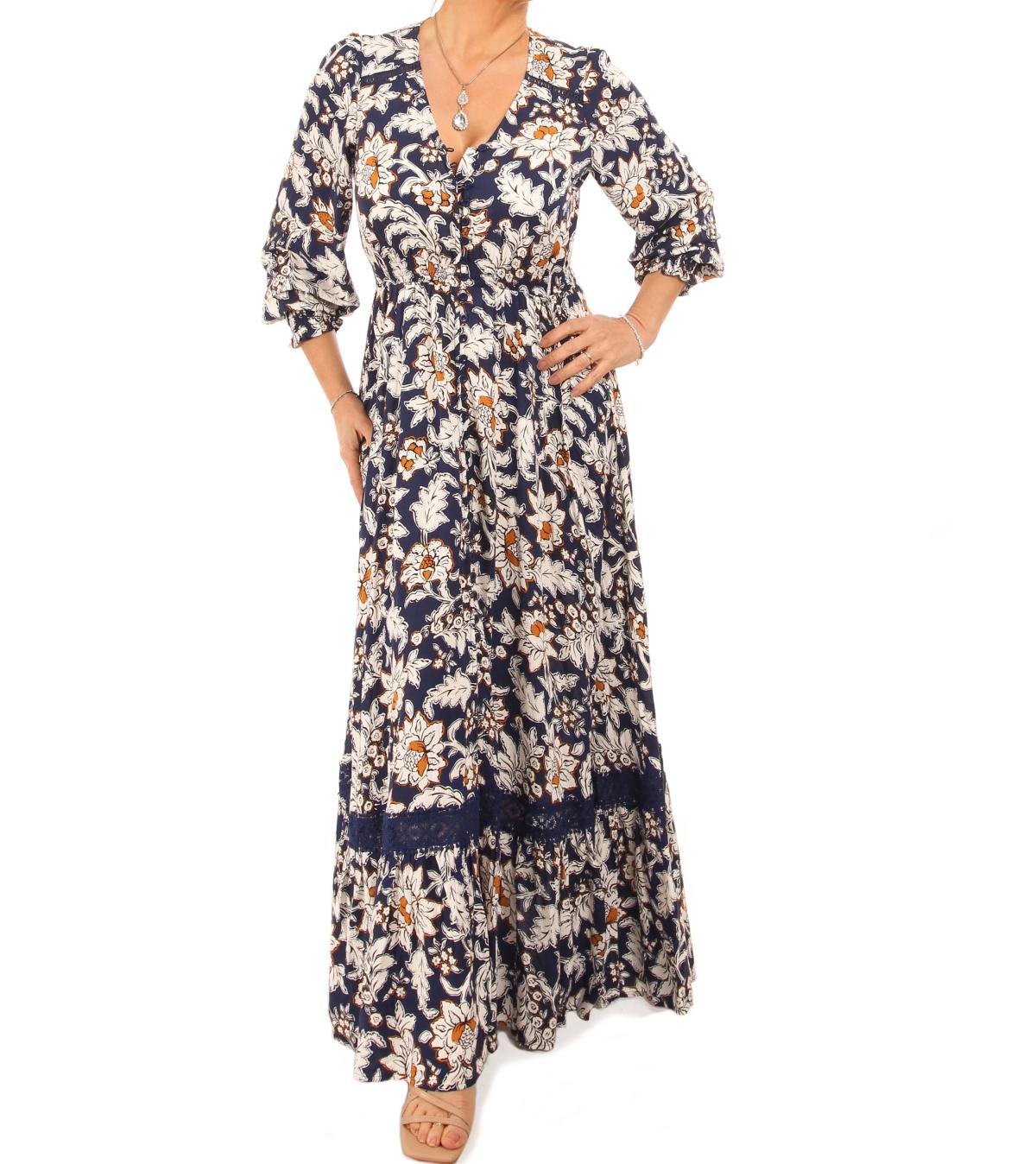 Boho Navy and White Floral Button Up Maxi Dress