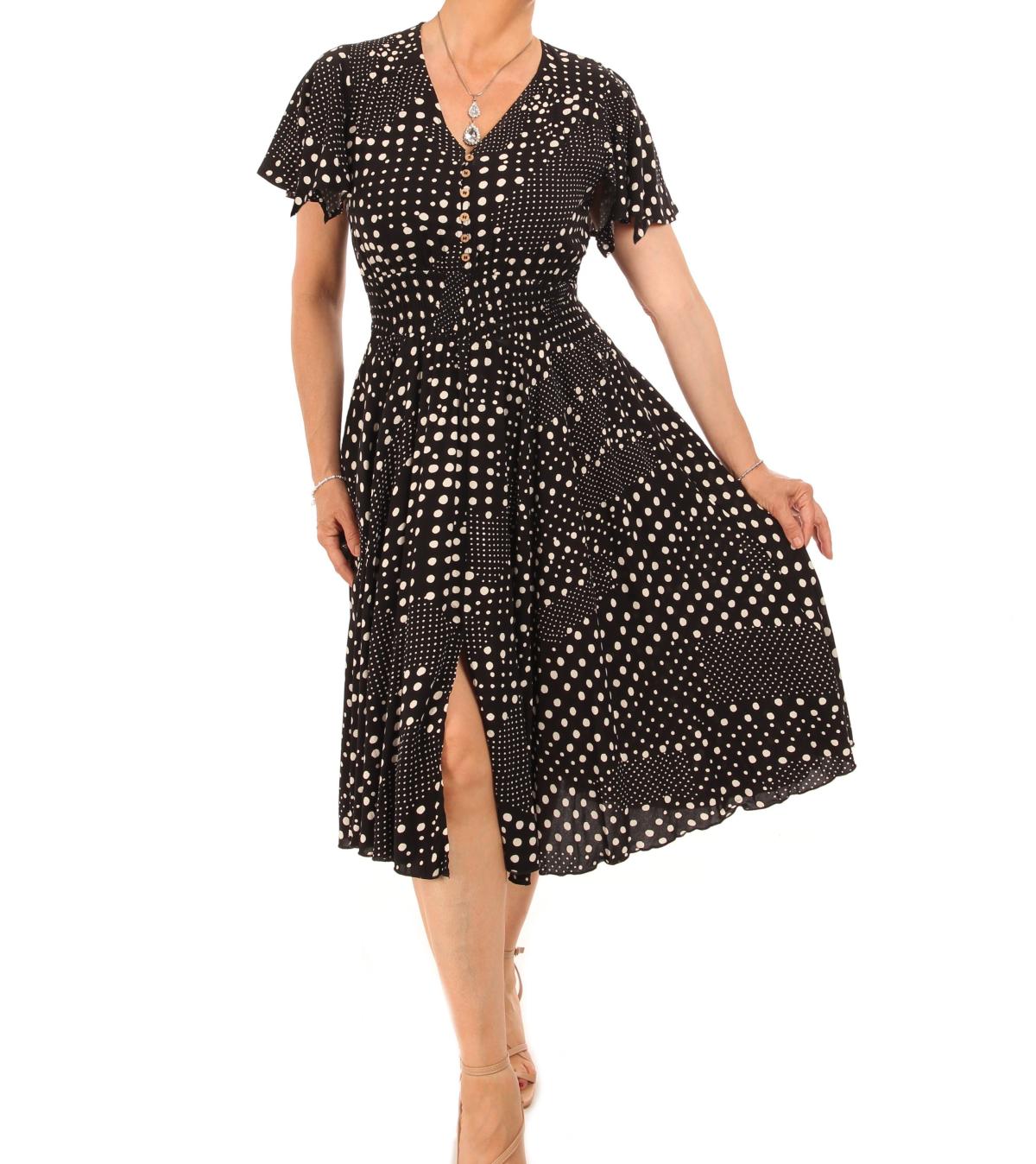 Black Spot Button Detail Fit and Flare Dress